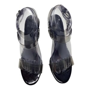 Karl lagerfeld Paris Cieone Deep satin Clear Strap Block Heel Sandals in Black